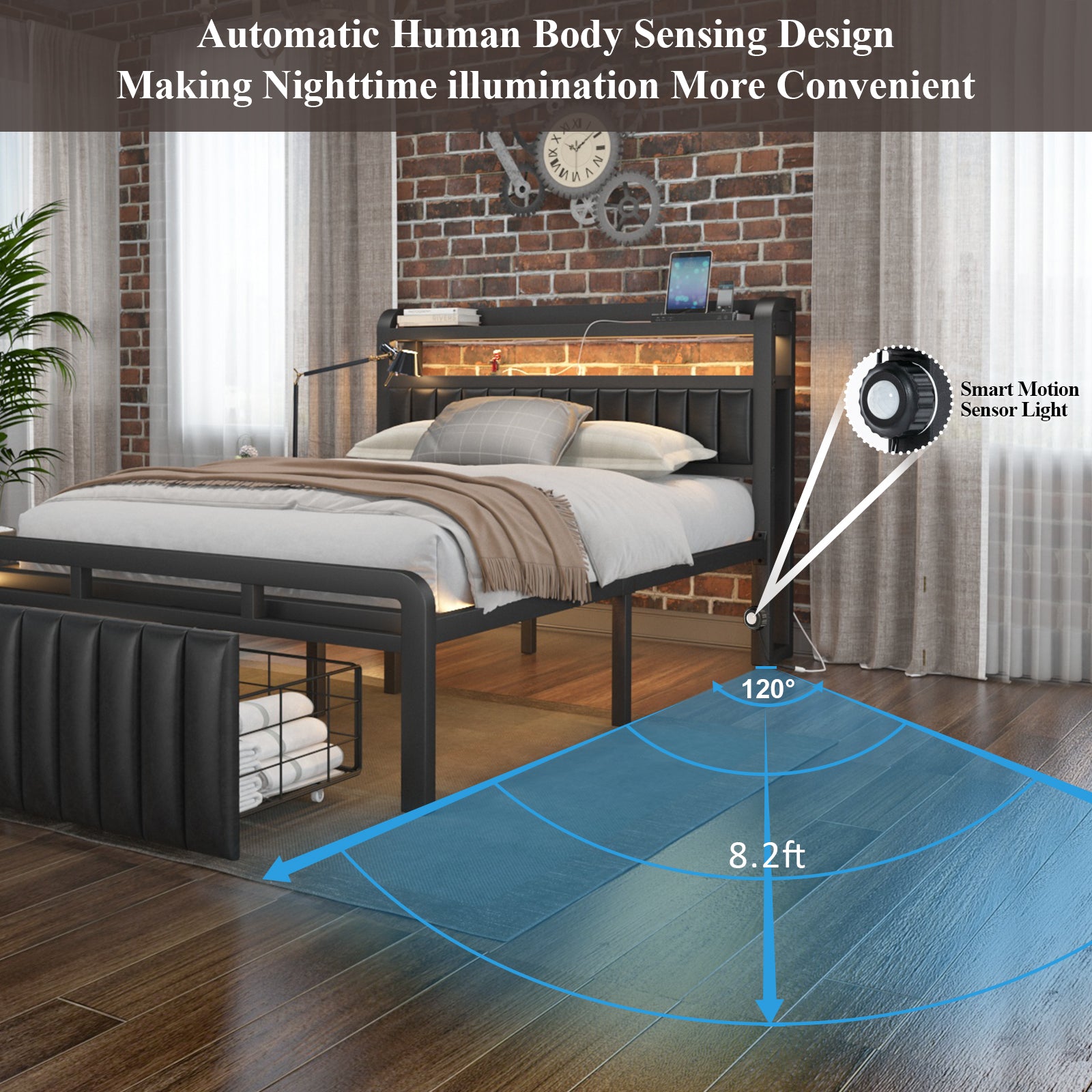 Full Bed Frame with Storage Headboard and LED Lights, Charging Station, Black k7