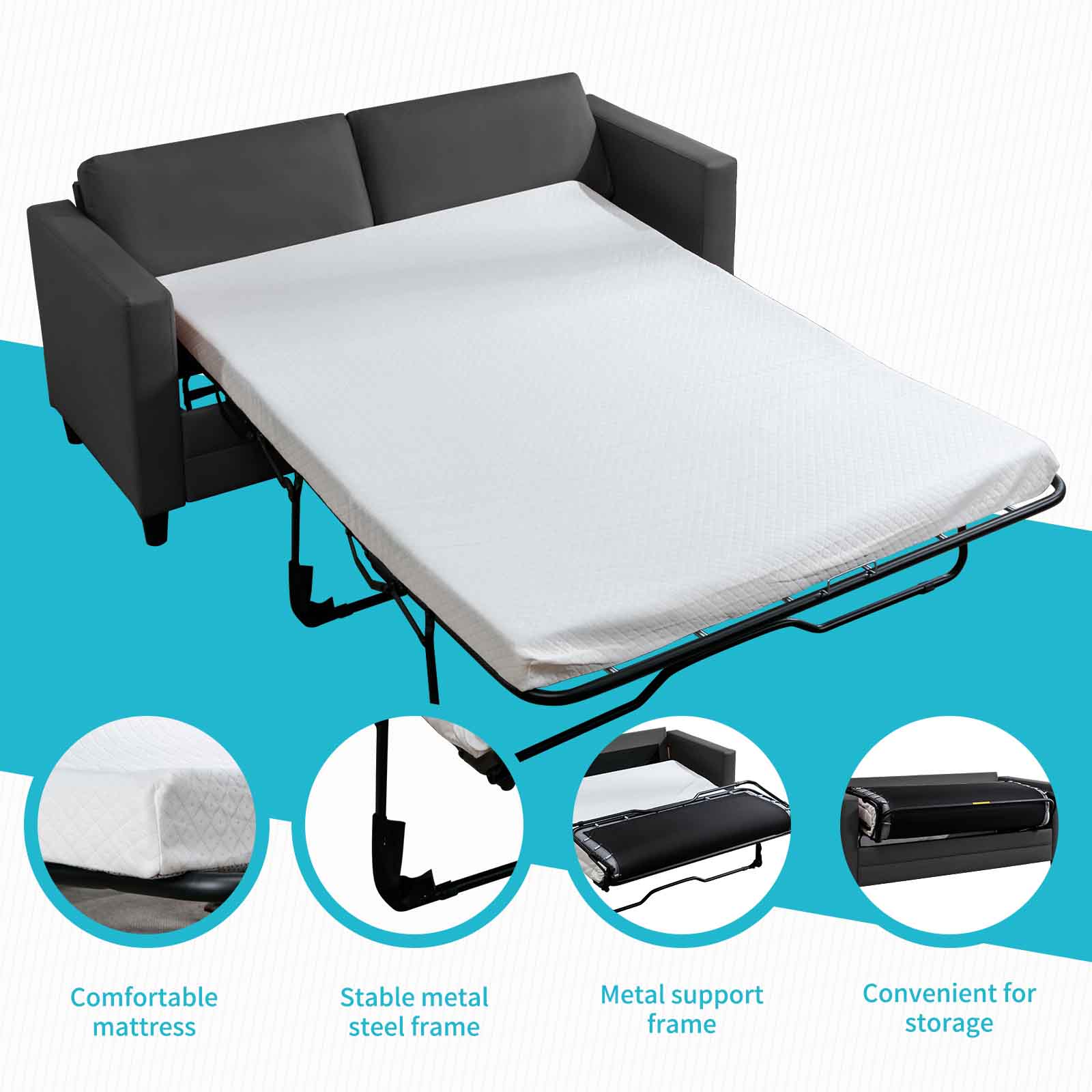 Pull Out Sofa Bed Convertible Sleeper Full Size Couch Dark Grey 7k