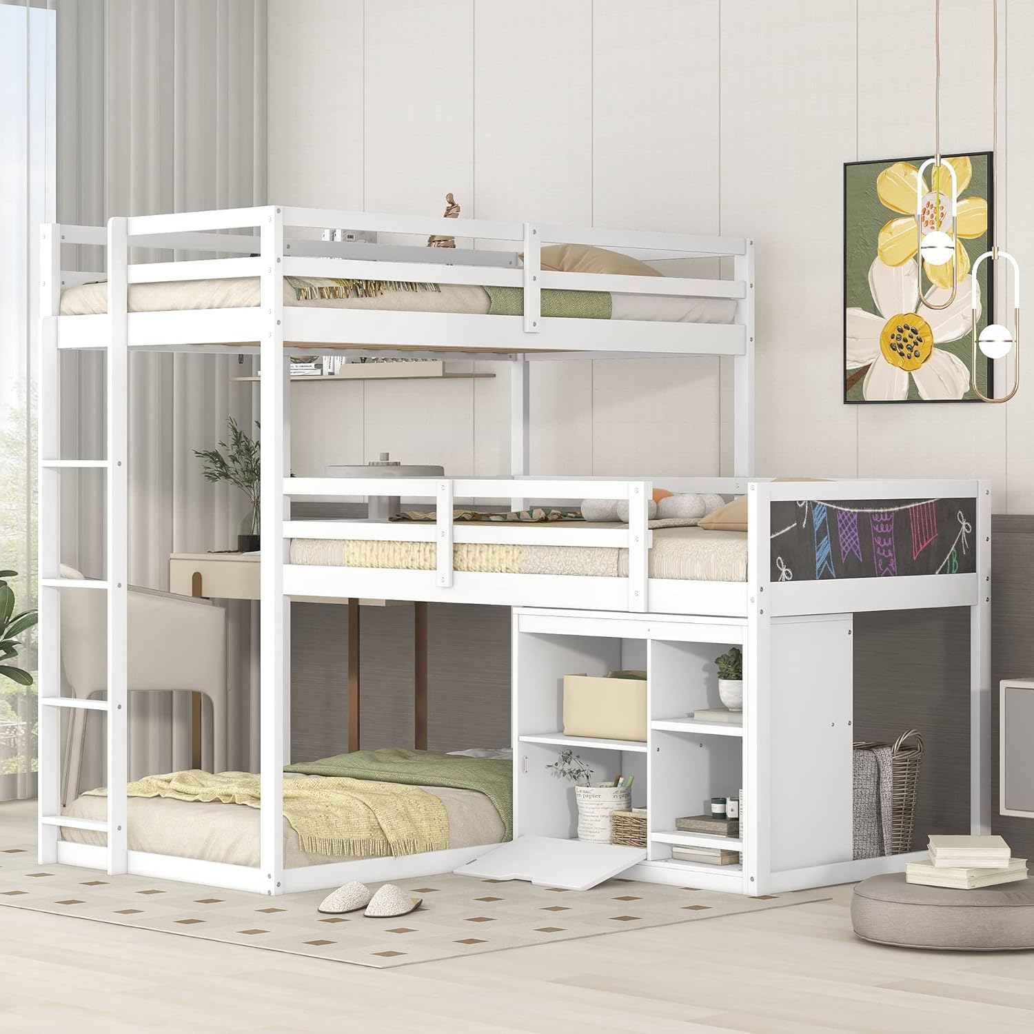 Triple Bunk Bed with Cabinet and Ladder White 7k