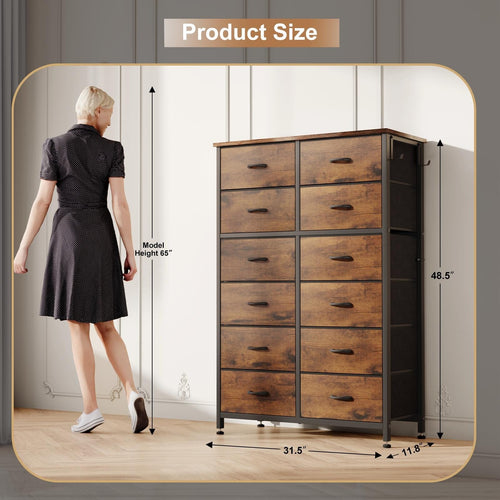 12 Drawer Dresser Tall Fabric Chest for Bedroom Rustic Brown k7