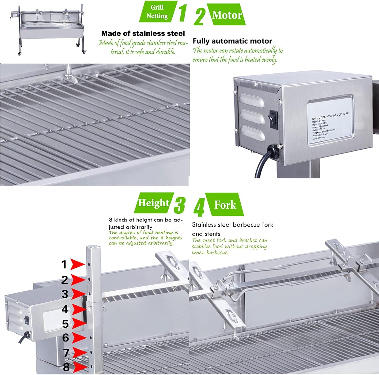 Rotisserie Grill Roaster 46 Inch Stainless Steel Charcoal Spit A7