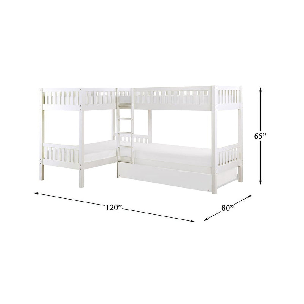 Wood Corner Bunk Bed with Twin Trundle White k7
