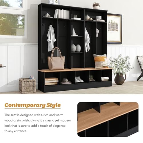 72" H Hall Tree with Storage Bench & Shoe Cabinet, Coat Rack with 8 Hooks, Black k7
