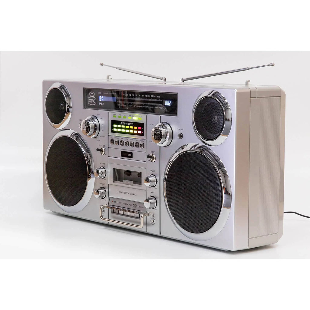 Bluetooth Boombox 80W CD Cassette FM USB Silver k7