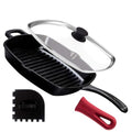 Cuisinel Cast Iron Square Grill Pan + Glass Lid + Pan Scraper + Handle Cover - 10.5" Pre-Seasoned Ridged Skillet - Grill, Stovetop, Fire, Indoor/Outdoor Use - for Grilling, Frying, Sauteing