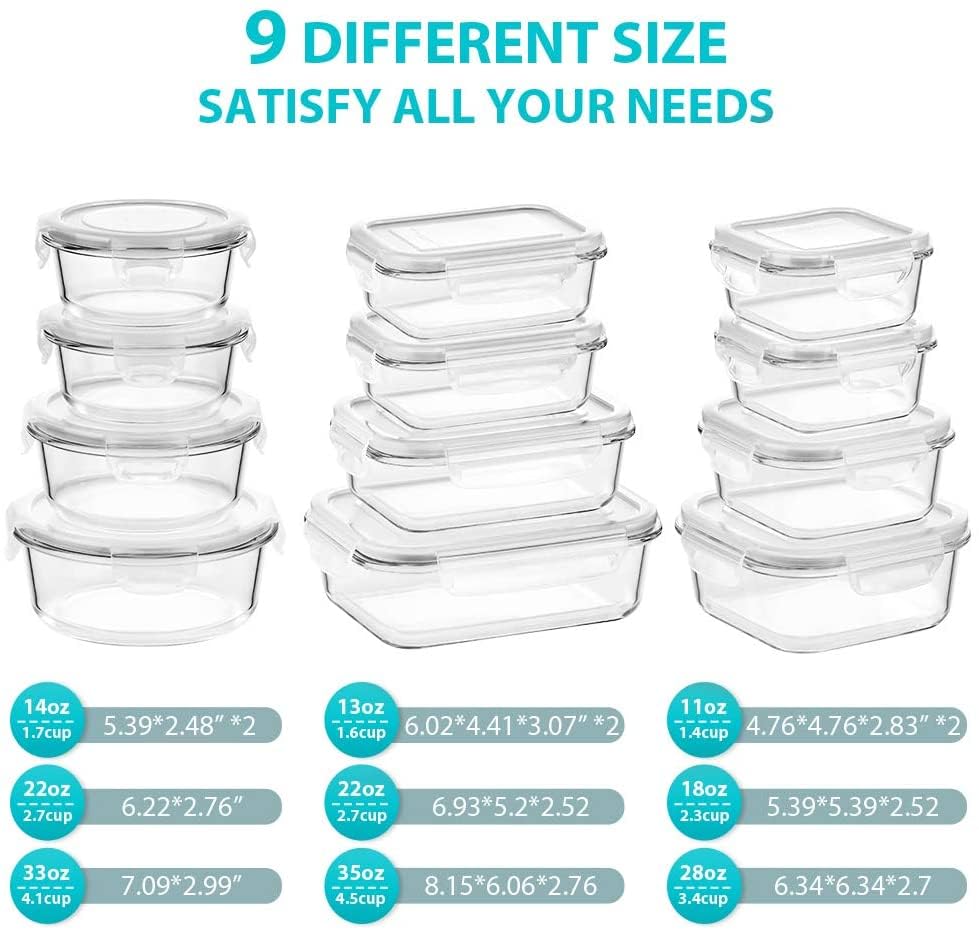 Glass Food Storage Containers with Lids, 24 Piece, Airtight Bento Boxes, BPA Free, Leak Proof k7