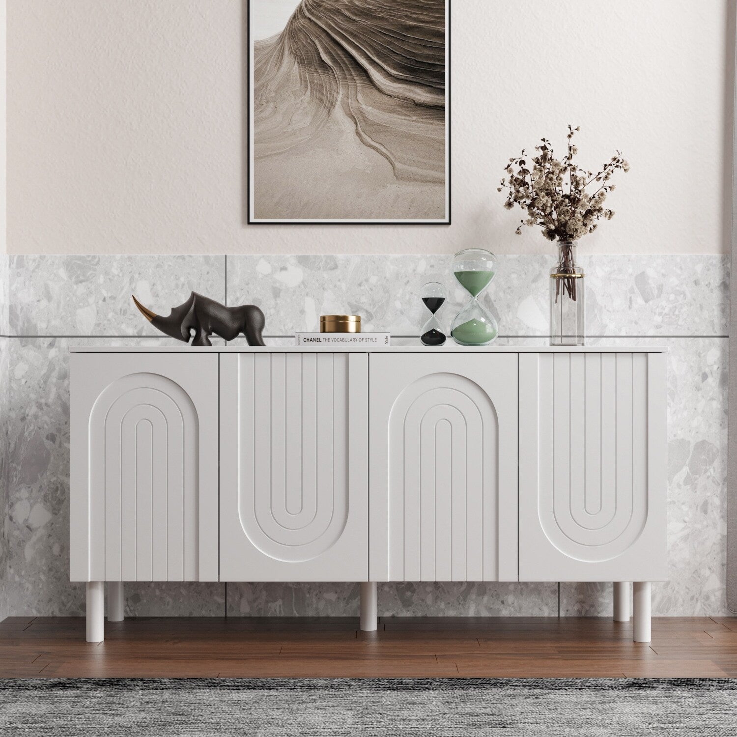 63.2"W Bookcase Credenza Sideboard with Drawer & Doors k7