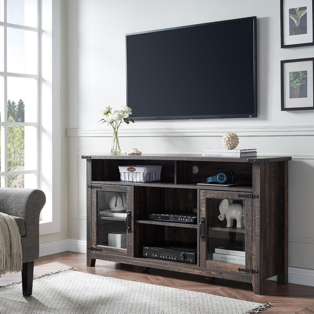 OKD Tall Rustic TV Stand Wood Farmhouse Entertainment Center Media TV Console Table for TVs Up to 65 Inch, with Glass Storage Cabinets & Open Shelves, for Living Room Bedroom(Light Rustic Oak)