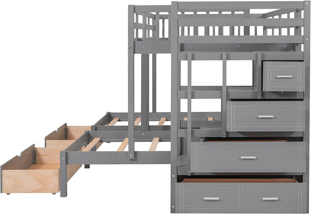 Twin & Twin Bunk Bed with Drawers and Guardrails k7