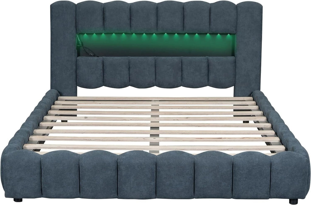Upholstered Queen Bed with Lift-Up Storage and LED Headboard a7