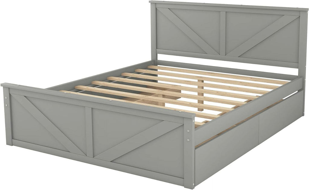 Queen Bed Frame with 4 Storage Drawers Wood Platform Gray k7