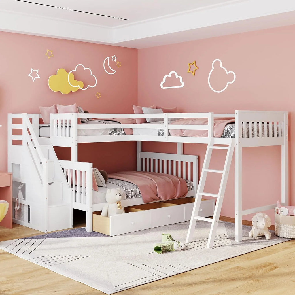 Triple Bunk Bed with Stairs and Storage Drawers White 7k
