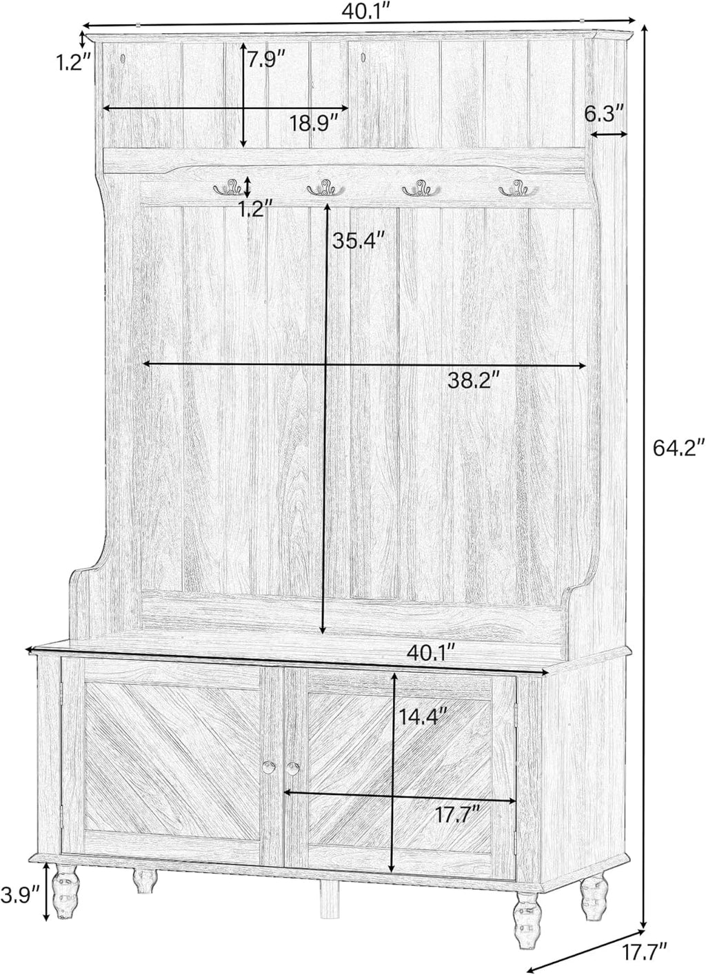 Hall Tree with 4 Hooks and Storage Bench Brown 7k