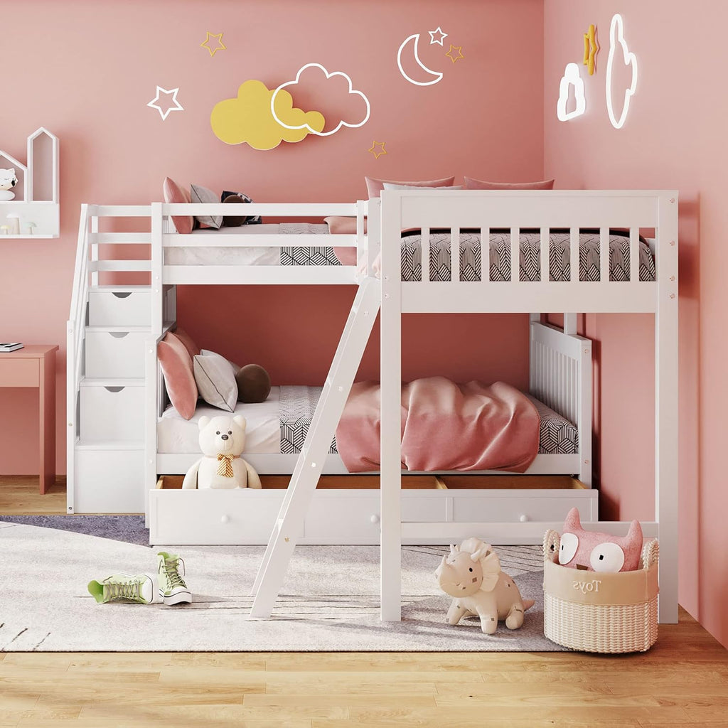L Shaped Bunk Beds For 3, Triple Bunk Bed With Stairs And 3 Storage Drawers, Over Full Bunk Bed With Size Loft Bed Attached, Wooden Bunk Bed Frame For Kids Teens Adults (White)