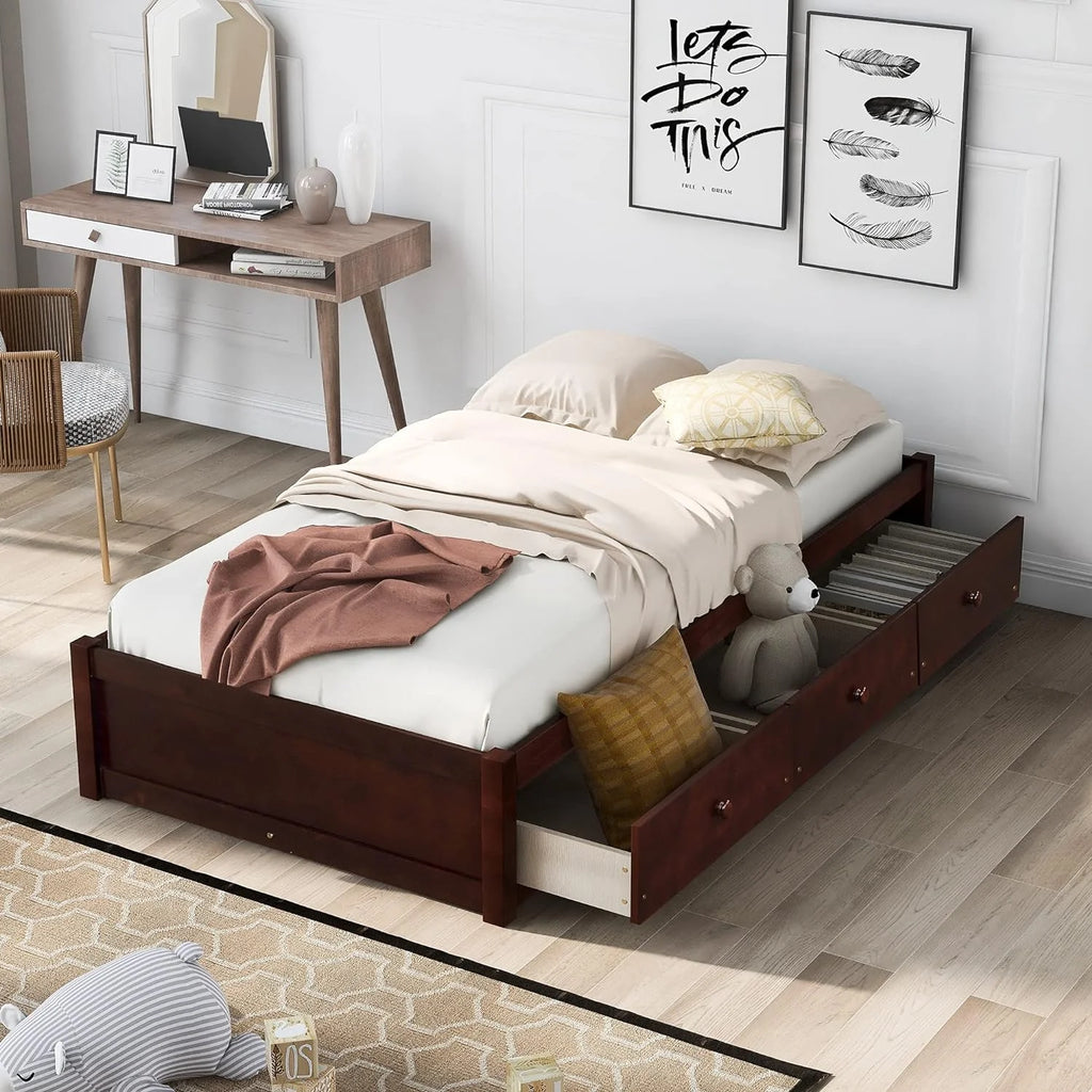 Storage Bed with 3 Drawers Wood Platform Frame k7