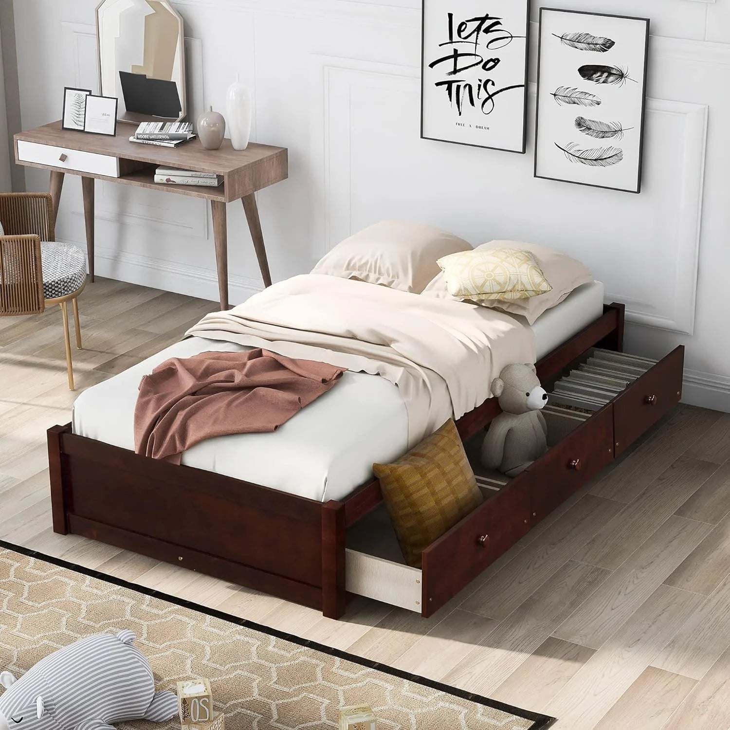 Storage Bed with 3 Drawers Wood Platform Frame k7