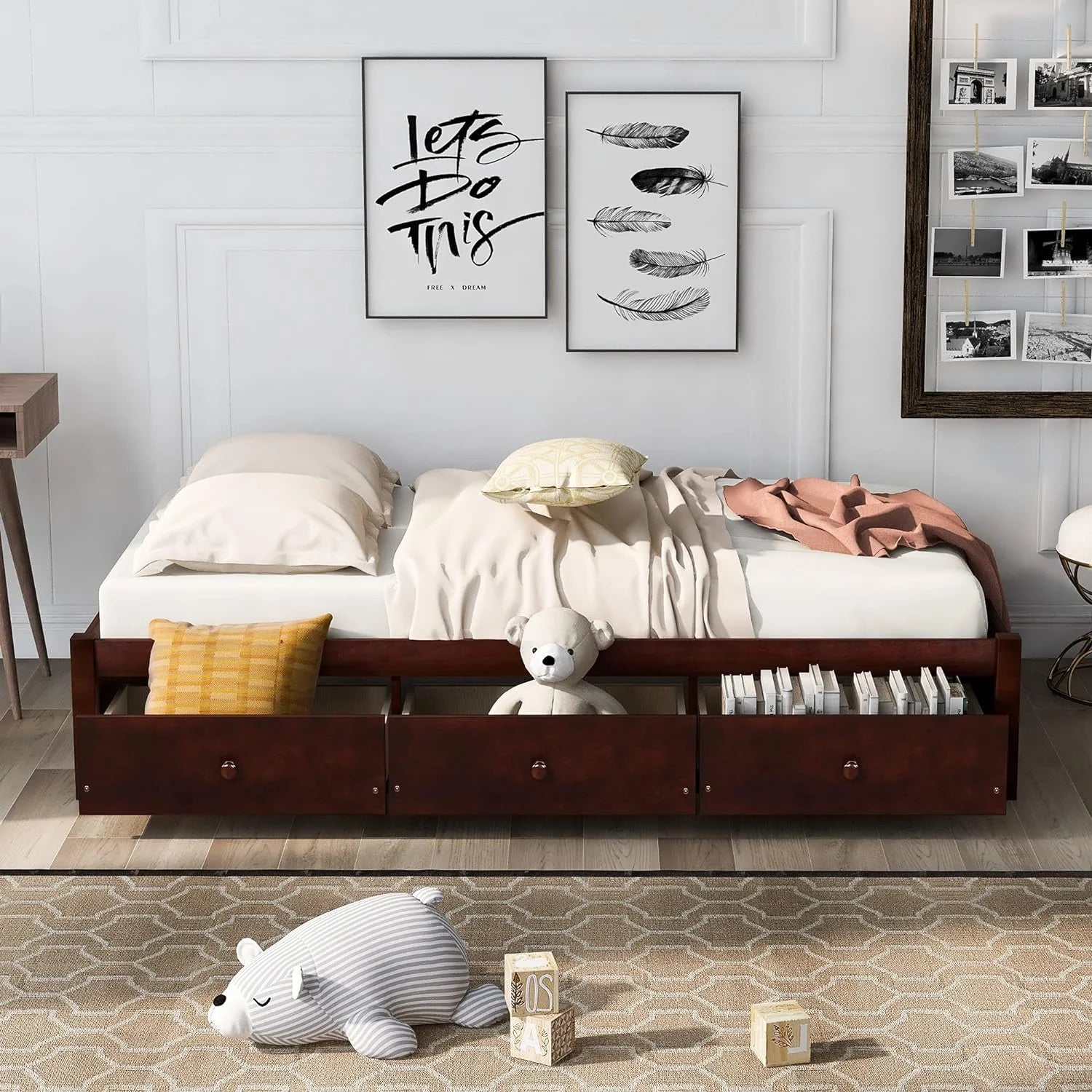 Storage Bed with 3 Drawers Wood Platform Frame k7