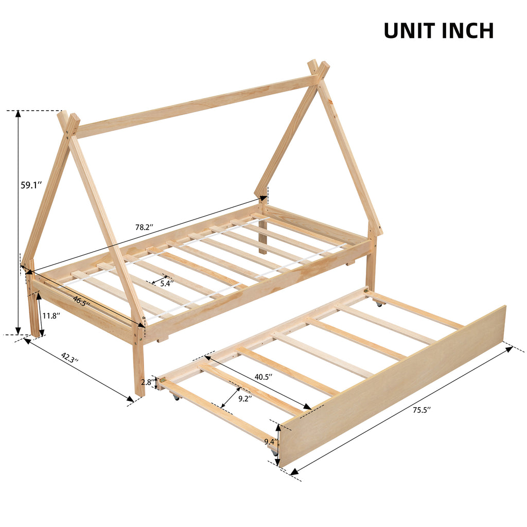 Twin Size Floor Bed with Trundle, Natural k7