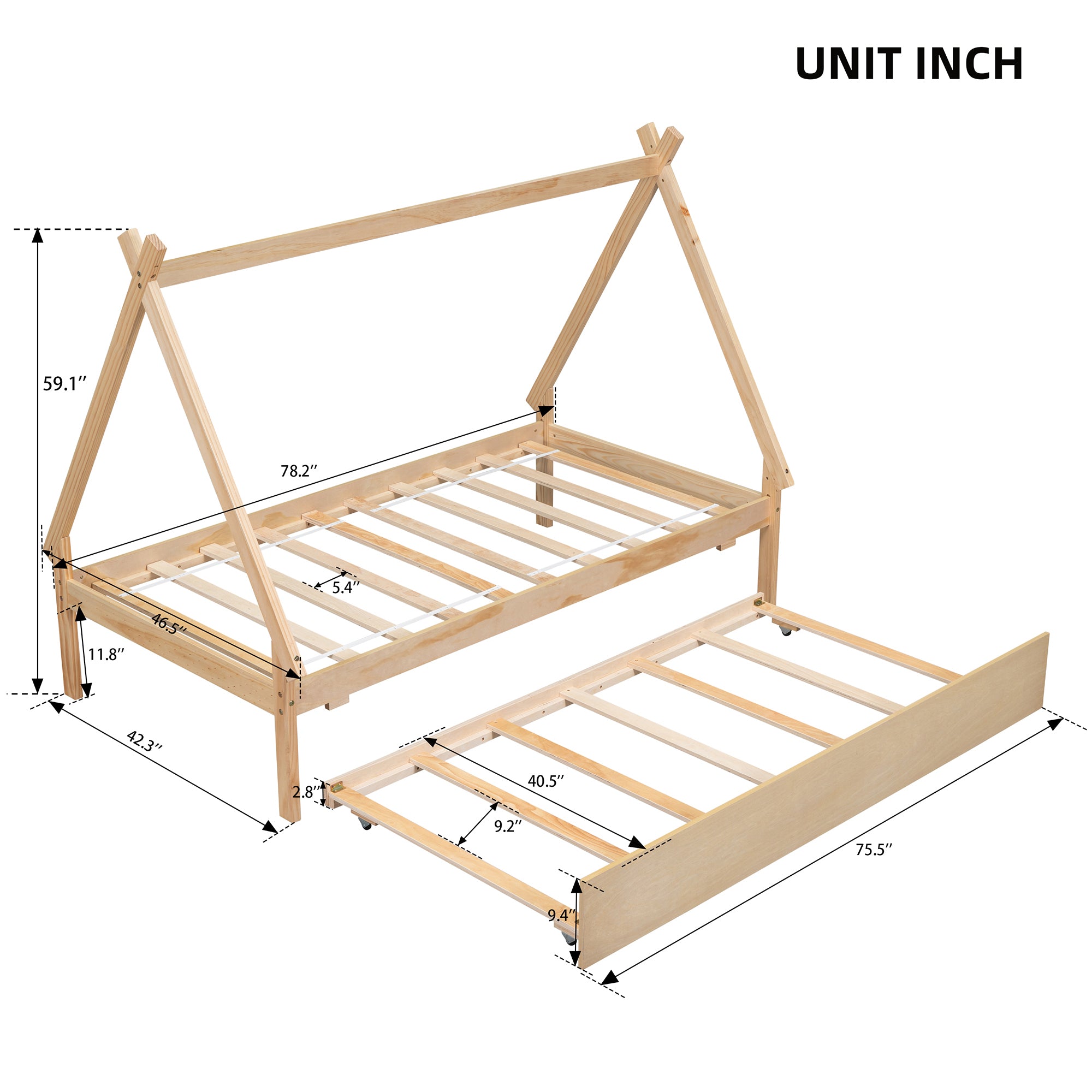 Twin Size Floor Bed with Trundle, Natural k7