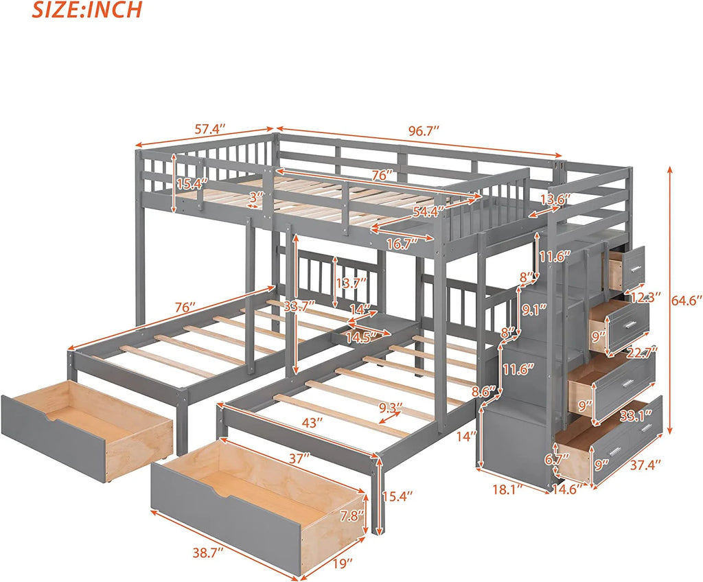 Twin & Twin Bunk Bed with Drawers and Guardrails k7