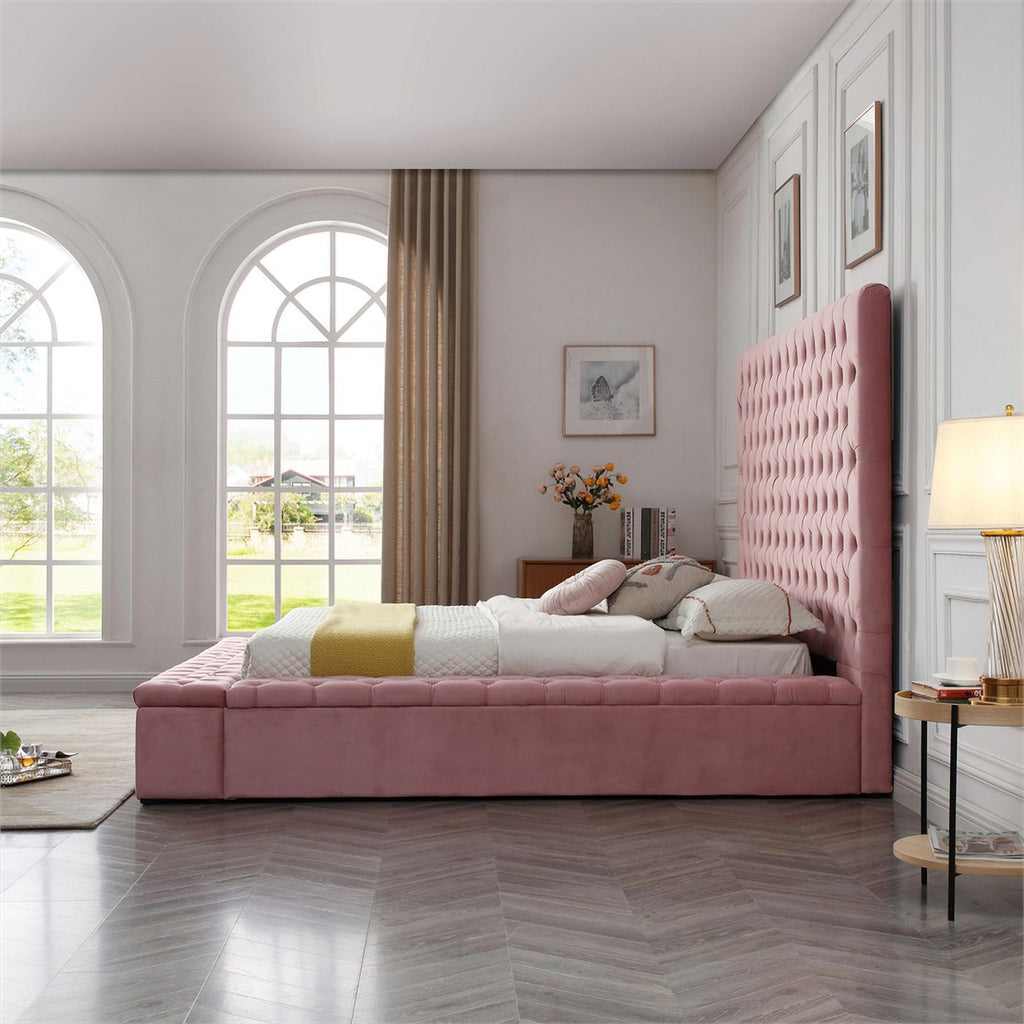 Velvet Upholstered Platform Queen Bed Pink k7m