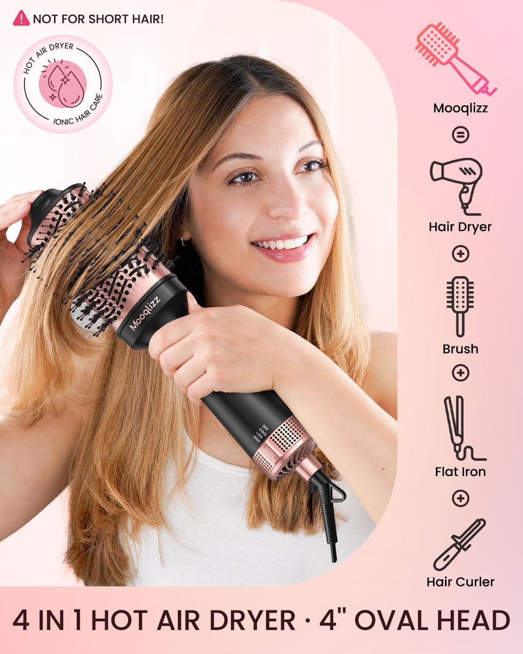 Hair Dryer Brush Volumizer Round Brush 4 in 1 Fast Drying Pink Black k7