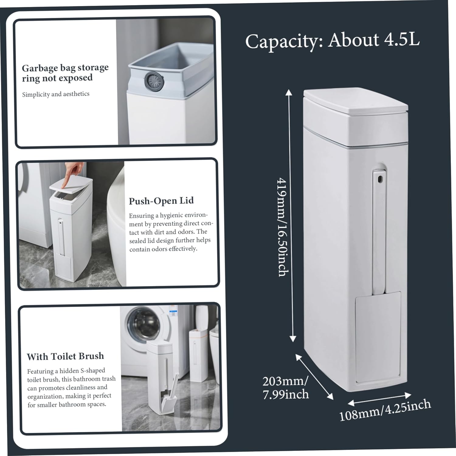 Bathroom Trash Can with Lid and Toilet Brush Holder 1.2-Gallon A7