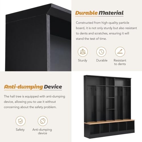 72" H Hall Tree with Storage Bench & Shoe Cabinet, Coat Rack with 8 Hooks, Black k7