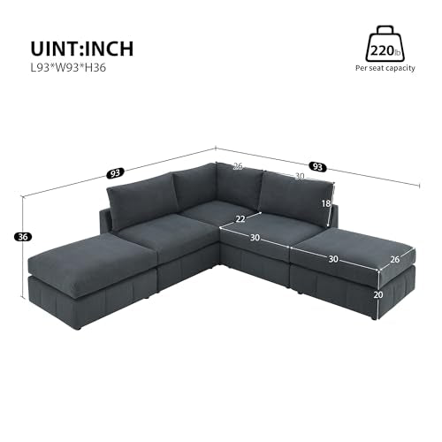 93" L-Shaped Sectional Sofa with 2 Ottomans, Dark Grey Corduroy q7