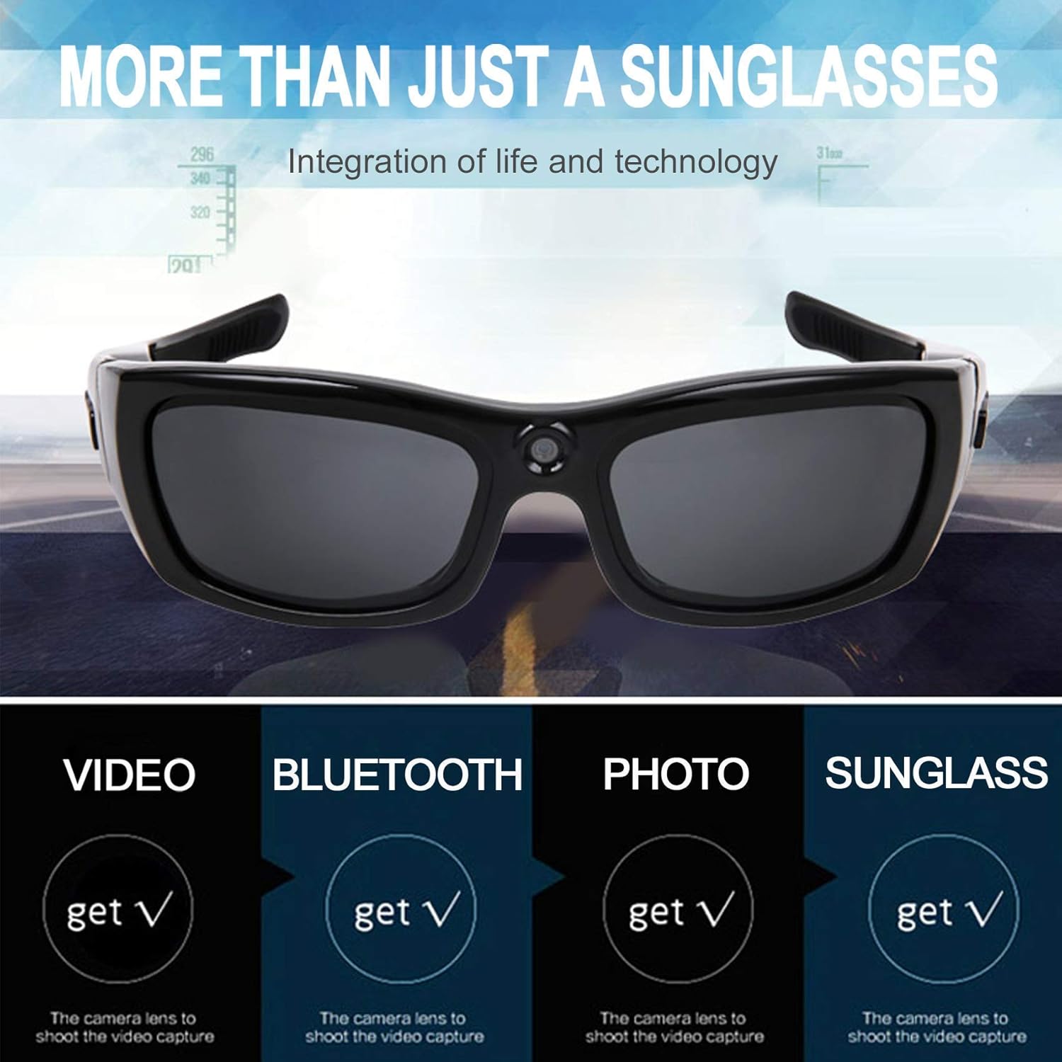 Bluetooth Sunglasses Camera Full HD 1080P Sports Polarized UV Protection A7