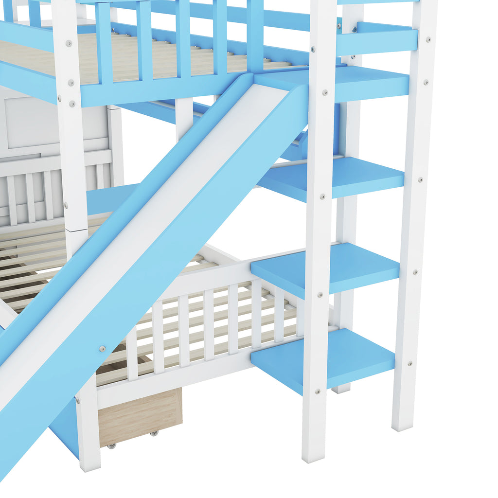 Kids Twin Bunk Bed with Slide and Drawers a7