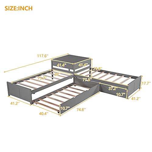 L-Shaped Corner Platform Bed with Trundle and Drawers Grey 7k