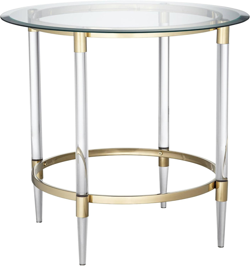 Round Glass Side Table 24" Clear Gold Rings d7k