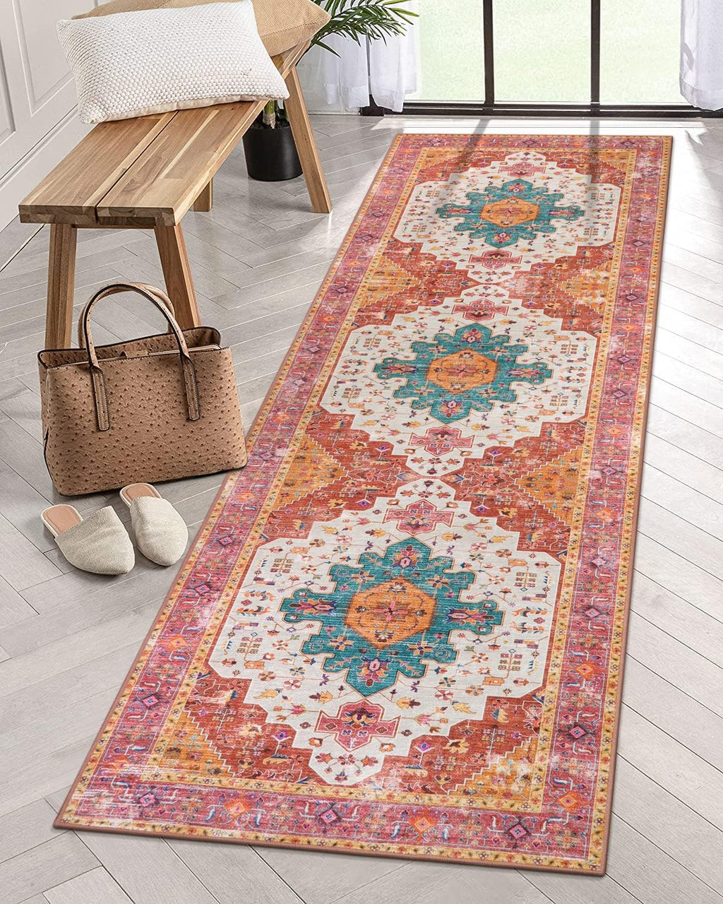 Moynesa Ultra-Thin Washable Runner Rug - 2x7 Pink Long Bathroom Rug Runner Kitchen Carpet Runner, Non Skid Non Shedding Low Pile Bedroom Mat for Laundry Living Room Hall Foyer