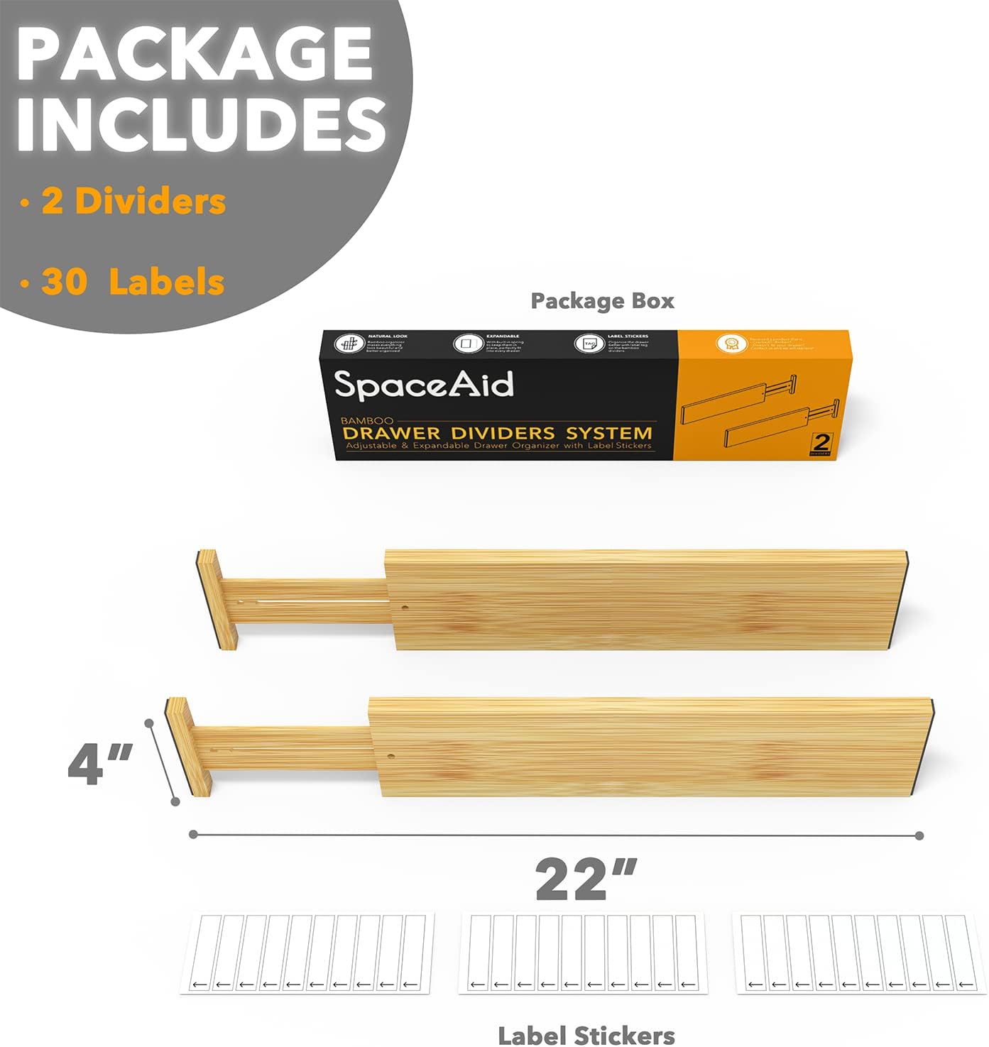 Bamboo Deep Drawer Dividers with Labels, Adjustable Organizer 2 Pack x7