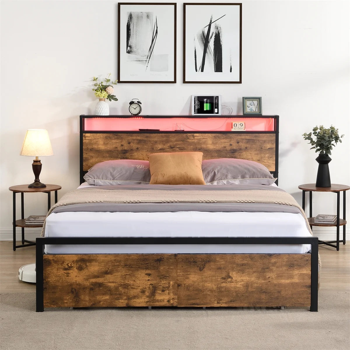 Queen Size Bed Frame with Storage Headboard and Drawers LED Lights A7