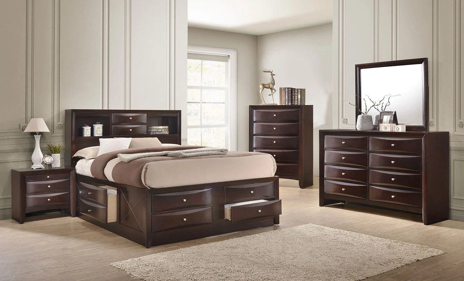 Contemporary King Size 4pc Captains Bed Set Storage Drawers Cherry Finish Wooden Bedroom