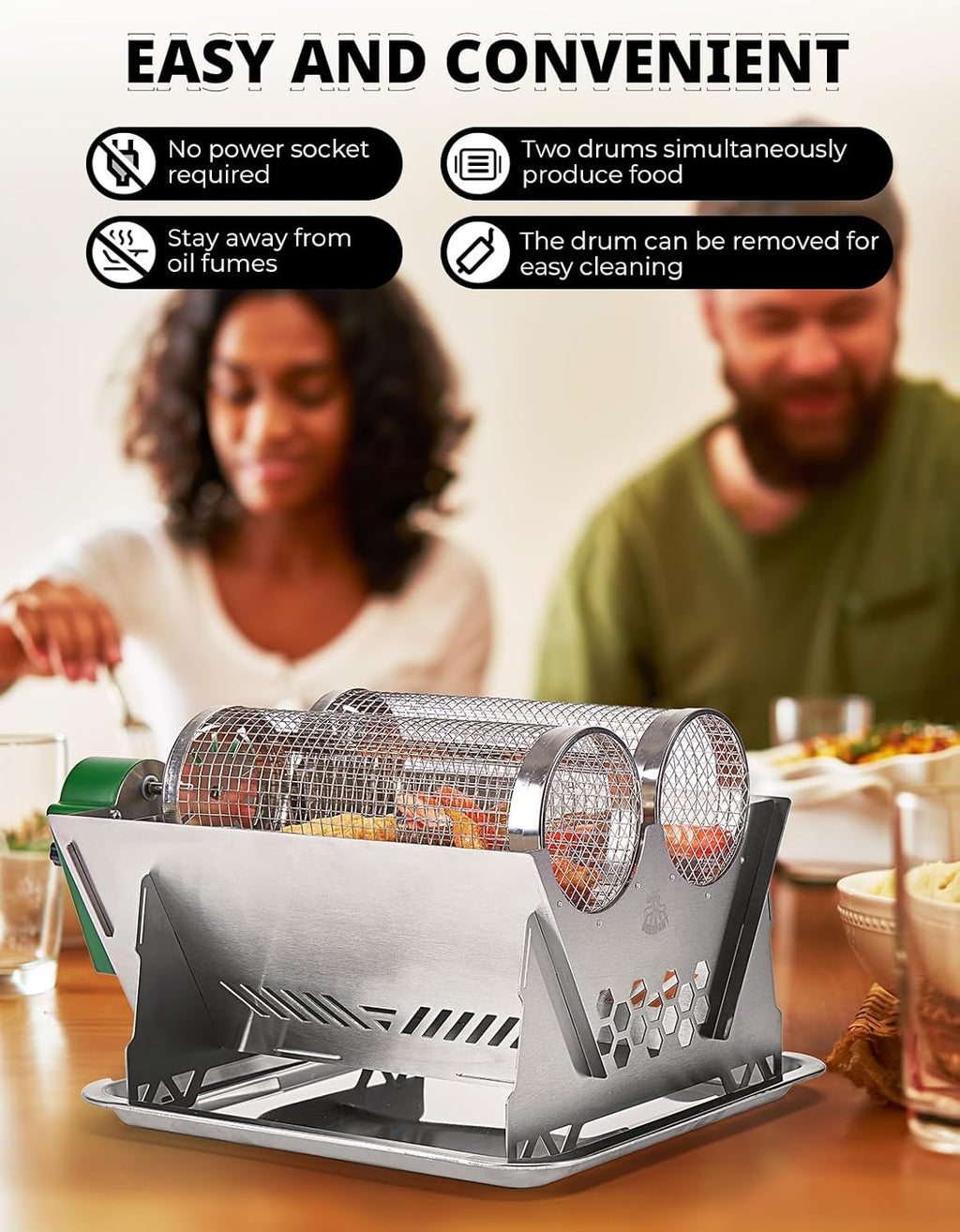 Charcoal Grill Rotisserie Kit, Electric BBQ with 3 Rotating Baskets A7k