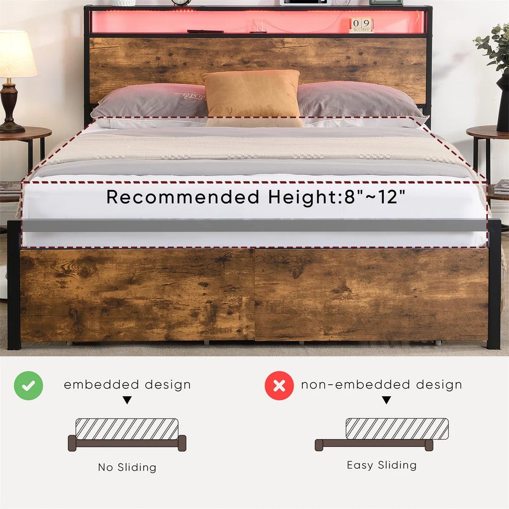 Queen Size Bed Frame with Storage Headboard and Drawers LED Lights A7