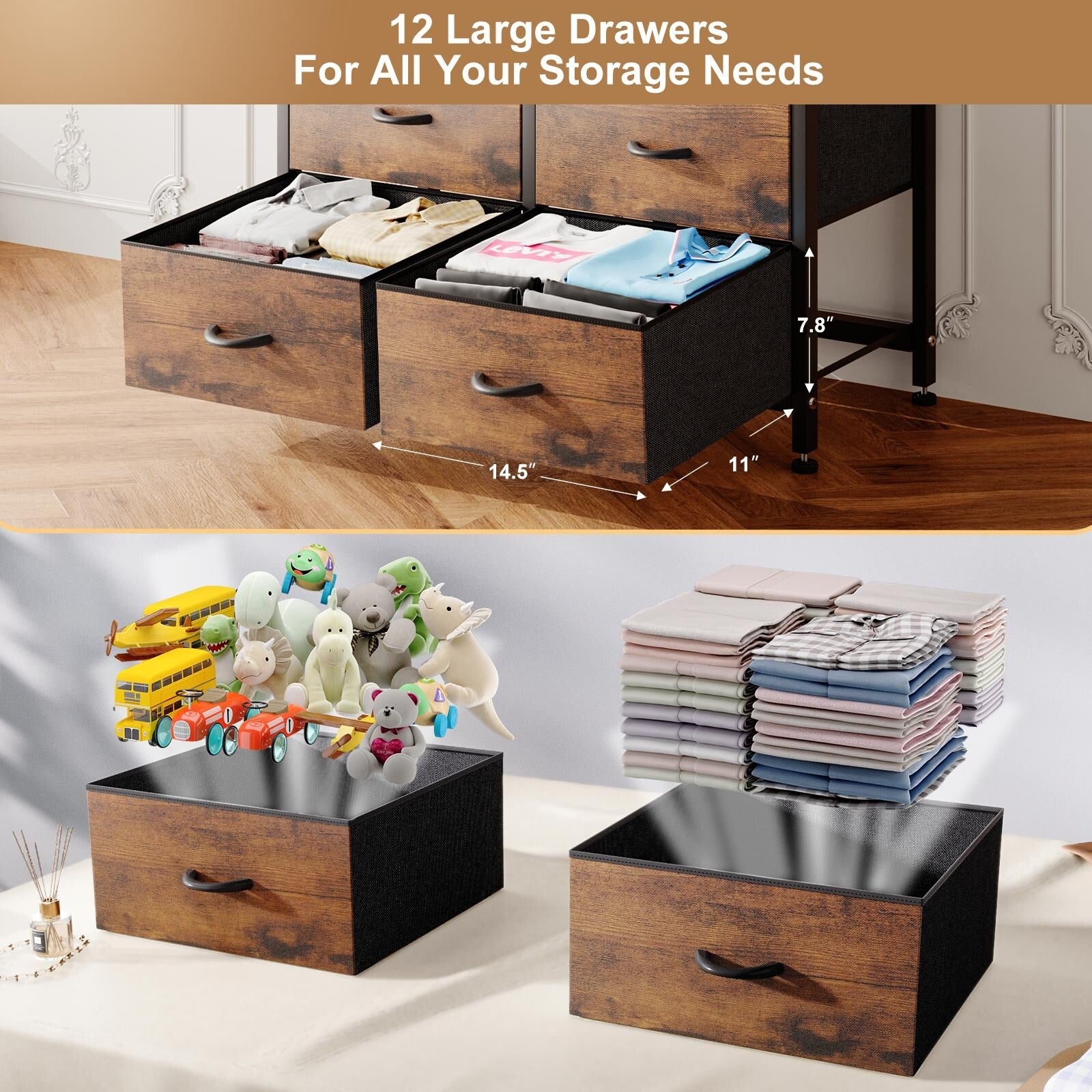 12 Drawer Dresser Tall Fabric Chest for Bedroom Rustic Brown k7