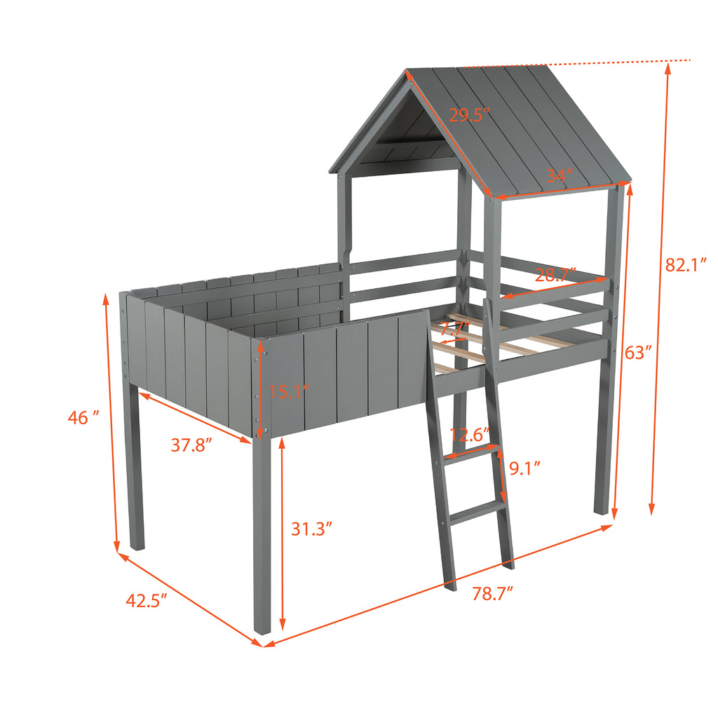 Twin Wood House Loft Bed with Roof and Ladder k7