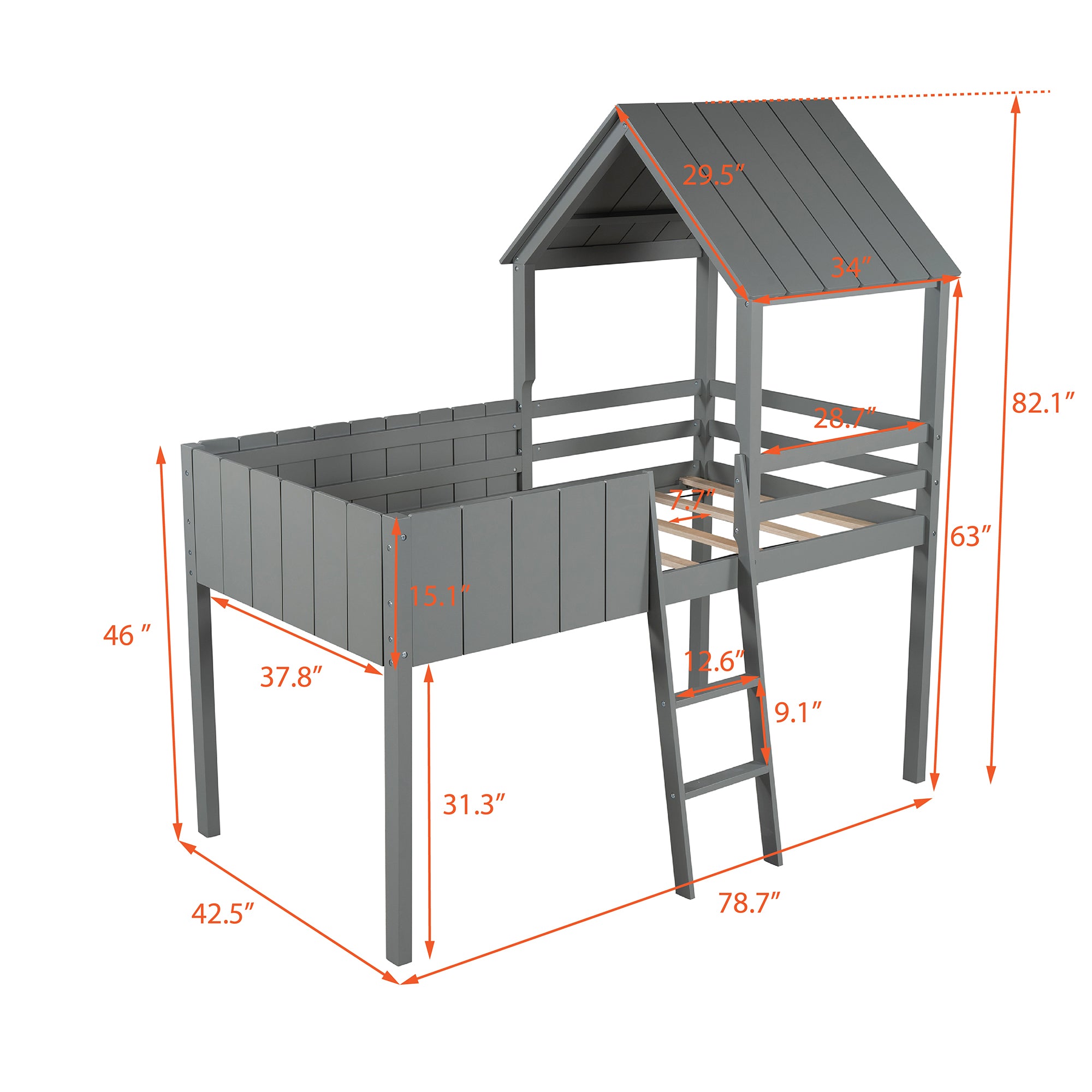 Twin Wood House Loft Bed with Roof and Ladder k7