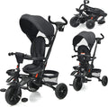 BABY JOY Baby Tricycle, 7-in-1 Kids Folding Steer Stroller w/ Rotatable Seat, Adjustable Push Handle & Canopy, Safety Harness, Cup Holder, Storage Bag, Toddler Tricycle Trike for 1-5 Year Old, Gray