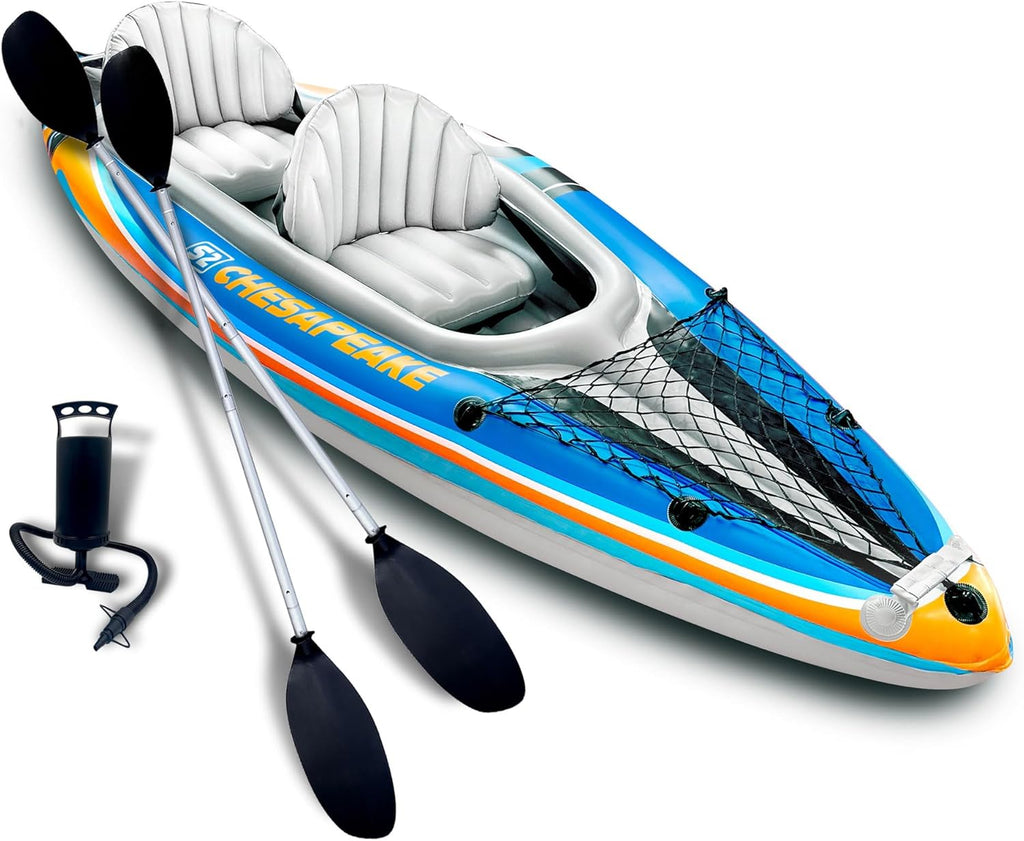 Sunlite Sports 2-Person Inflatable Kayak with Aluminum Oars (136" x 33"), High Output Air Pump and Storage Bag, Double Tandem Kayak for Adults, Two Person Canoe and Kayack, S2 Chesapeake