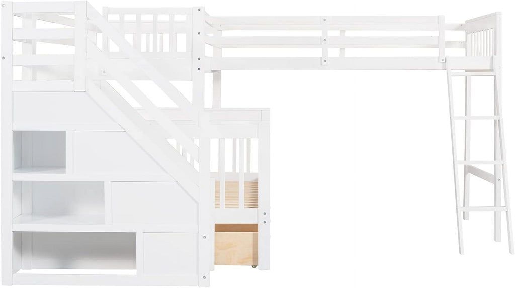 Triple Bunk Bed with Stairs and Storage Drawers White 7k