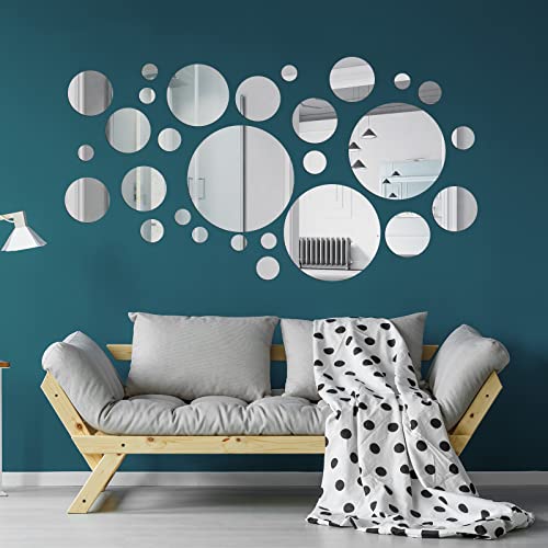 64 Pcs Round Acrylic Mirror Wall Stickers Removable Decor A7