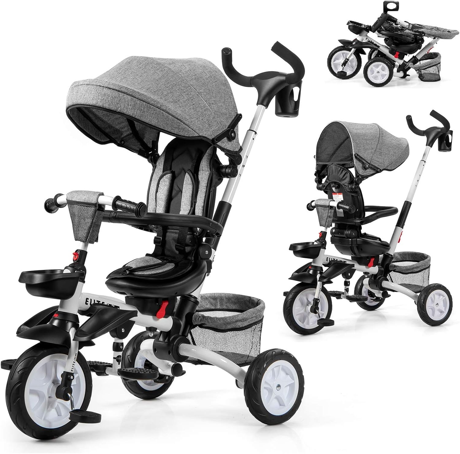 Baby Tricycle 7-in-1 Folding Steer Stroller with Rotatable Seat, Gray k7
