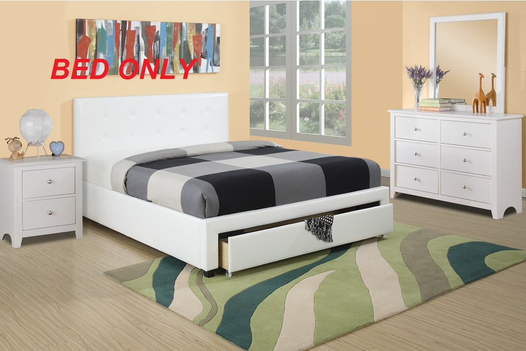 White Full Size Bed with Underbed Storage Drawers Wooden Tufted Upholstered Faux Leather A7