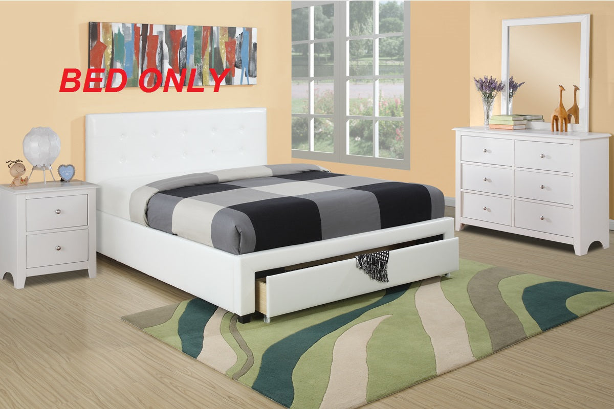 White Full Size Bed with Underbed Storage Drawers Wooden Tufted Upholstered Faux Leather A7