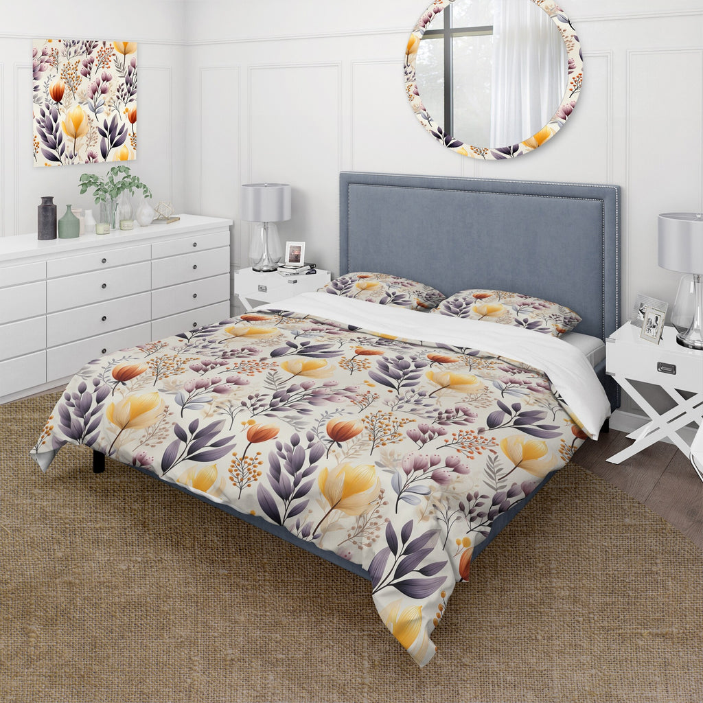 DESIGN ART Designart "Purple Antique Floral Garden Meadow" Yellow Floral bedding covert set with 2 shams Twin